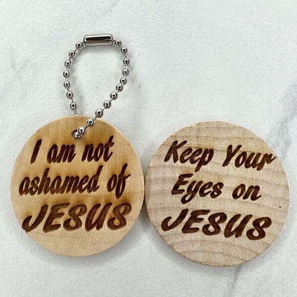 Keep Your Eyes on Jesus Romans 1:16 Wood Ball Chain Keychain Keyring and Disk - Picture 1 of 4